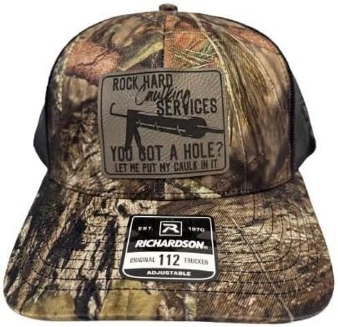 Rock Harding Caulking Services Leather Trucker Snapback Hat - 112 Trucker Hat - قبعات سائق شاحنة غير لائقة - هدايا عيد ميلاد للرجال - هدايا ذوي الياقات الزرقاء المضحكة للرجال (أسود) in Kuwait