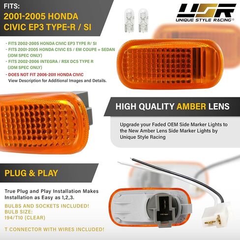USR 01-05 EM2/ES Side Marker Light – Fender Lamps (Left + Right) Set - Compatible with 2001-2005 Honda Civic / 02-06 Acura Integra/RSX All Models (JDM FROSTED AMBER LENS w/BULB/SOCKET/WIRE) in Saudi Arabia