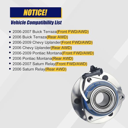KUSATEC 513236 Front/Rear Wheel Bearing and Hub Assembly Compatible with 2006-2007 Buick Terraza,Saturn Relay, 2006-2009 Chevy Uplander,Pontiac Montana, 6 Lug Bolts w/ABS in Saudi Arabia