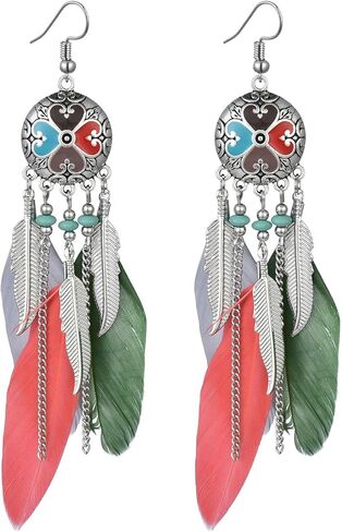 Boho Long Mongel Feather Dangle Drop Artrان مسمار قرط للنساء Bohemian Ball Hotiquoise Tassel متدلي بالربط الرابط الأسماك الأسماك على النمط العرقي خمر Jhumka Jhumki Party Halloween Christmas Jewelry in Saudi Arabia