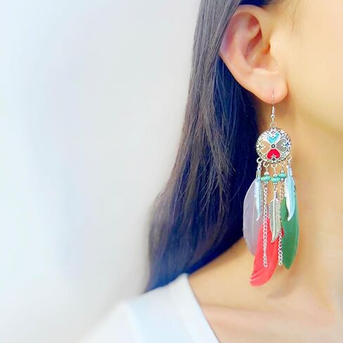 Boho Long Mongel Feather Dangle Drop Artrان مسمار قرط للنساء Bohemian Ball Hotiquoise Tassel متدلي بالربط الرابط الأسماك الأسماك على النمط العرقي خمر Jhumka Jhumki Party Halloween Christmas Jewelry in Saudi Arabia