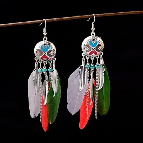 Boho Long Mongel Feather Dangle Drop Artrان مسمار قرط للنساء Bohemian Ball Hotiquoise Tassel متدلي بالربط الرابط الأسماك الأسماك على النمط العرقي خمر Jhumka Jhumki Party Halloween Christmas Jewelry in Saudi Arabia