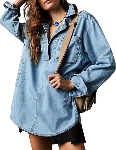 loveimgs Women Casual Long Sleeve Denim Pullover Top Jean Shirt Turndown V Neck Oversized Denim Shirt Hoodie Sweatshirt in Saudi Arabia