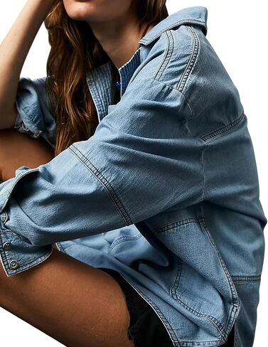 loveimgs Women Casual Long Sleeve Denim Pullover Top Jean Shirt Turndown V Neck Oversized Denim Shirt Hoodie Sweatshirt in Saudi Arabia