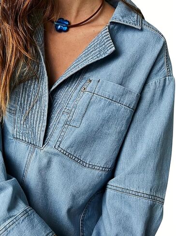 loveimgs Women Casual Long Sleeve Denim Pullover Top Jean Shirt Turndown V Neck Oversized Denim Shirt Hoodie Sweatshirt in Saudi Arabia