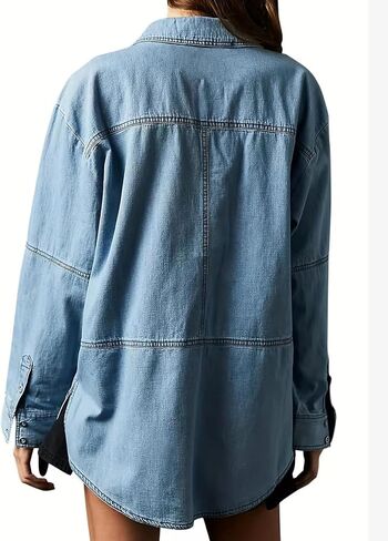 loveimgs Women Casual Long Sleeve Denim Pullover Top Jean Shirt Turndown V Neck Oversized Denim Shirt Hoodie Sweatshirt in Saudi Arabia