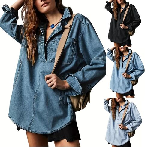 loveimgs Women Casual Long Sleeve Denim Pullover Top Jean Shirt Turndown V Neck Oversized Denim Shirt Hoodie Sweatshirt in Saudi Arabia