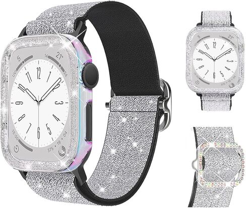 Stretchy Band and Bling Bumper Case Compatible with Apple Watch 40mm 38mm 41mm 42mm 44mm 45mm 46mm Women, Elastic Nylon Straps and Glitter Protective Frame for iWatch Series 10 9 8 7 6 5 4 3 2 1 SE in Kuwait