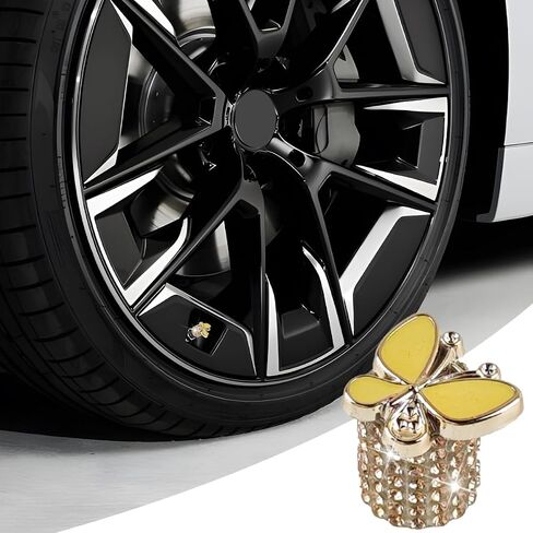 Bling Car Tire Valve Stem Caps, 4PCS Aluminum Crystal Rhinestone Butterfly Vehicle Wheel Air Valve Cover, Corrosion Resistant Leak Proof Auto Exterior Accessories, Universal Fit (Champagne) in Saudi Arabia