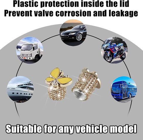 Bling Car Tire Valve Stem Caps, 4PCS Aluminum Crystal Rhinestone Butterfly Vehicle Wheel Air Valve Cover, Corrosion Resistant Leak Proof Auto Exterior Accessories, Universal Fit (Champagne) in Saudi Arabia