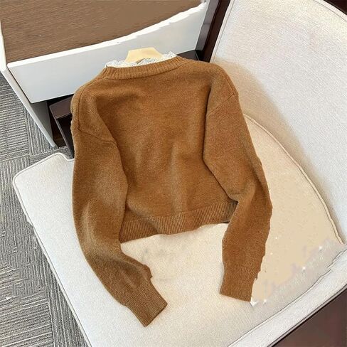 Women Lace Patchwork V-Deace Sweater Knitting Cardigan Women Long Sleeve Sweater Sweater Disual Solid Color Sevents in Saudi Arabia
