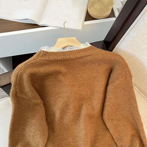 Women Lace Patchwork V-Deace Sweater Knitting Cardigan Women Long Sleeve Sweater Sweater Disual Solid Color Sevents in Saudi Arabia