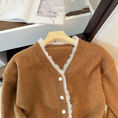Women Lace Patchwork V-Deace Sweater Knitting Cardigan Women Long Sleeve Sweater Sweater Disual Solid Color Sevents in Saudi Arabia