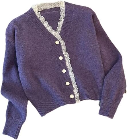 Women Lace Patchwork V-Deace Sweater Knitting Cardigan Women Long Sleeve Sweater Sweater Disual Solid Color Sevents in Saudi Arabia