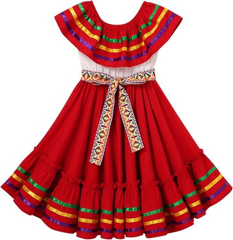 Mexican Dress for Girls Traditional Folk Ruffle Drape Outfit with Belt for Carnival, Halloween Party in Kuwait