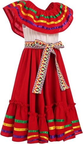 Mexican Dress for Girls Traditional Folk Ruffle Drape Outfit with Belt for Carnival, Halloween Party in Kuwait