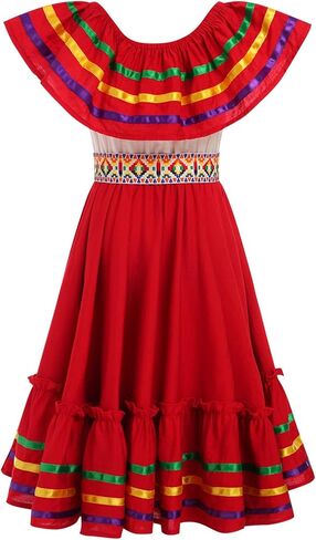 Mexican Dress for Girls Traditional Folk Ruffle Drape Outfit with Belt for Carnival, Halloween Party in Kuwait