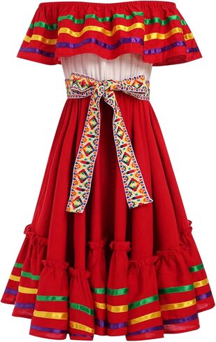 Mexican Dress for Girls Traditional Folk Ruffle Drape Outfit with Belt for Carnival, Halloween Party in Kuwait