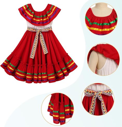 Mexican Dress for Girls Traditional Folk Ruffle Drape Outfit with Belt for Carnival, Halloween Party in Kuwait