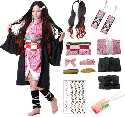 Anime Kimono Costumes Women Girls Halloween Cosplay Pink Outfits Cape Festival Uniform Dress Up with Wig in Saudi Arabia