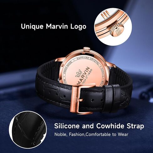 marvin Luxury Watches for Men Swiss Mens Watch Casual Men's Wrist Watches with Silicone and Leather Strap,Stainless Steel Case,Quartz Movement,50M Waterproof in Saudi Arabia