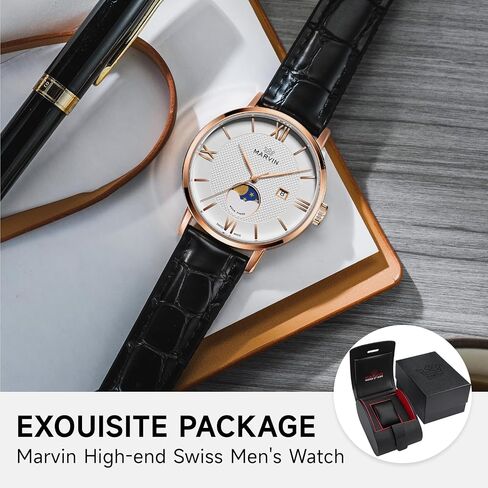 marvin Luxury Watches for Men Swiss Mens Watch Casual Men's Wrist Watches with Silicone and Leather Strap,Stainless Steel Case,Quartz Movement,50M Waterproof in Saudi Arabia