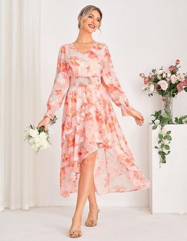 GRACE KARIN Women Maxi Floral Dress Fall 2025 Elegant Long Sleeve Chiffon Flowy Ruffle Party Club Wedding Guest Dresses in Saudi Arabia