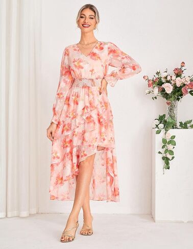 GRACE KARIN Women Maxi Floral Dress Fall 2025 Elegant Long Sleeve Chiffon Flowy Ruffle Party Club Wedding Guest Dresses in Saudi Arabia