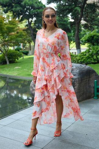 GRACE KARIN Women Maxi Floral Dress Fall 2025 Elegant Long Sleeve Chiffon Flowy Ruffle Party Club Wedding Guest Dresses in Saudi Arabia