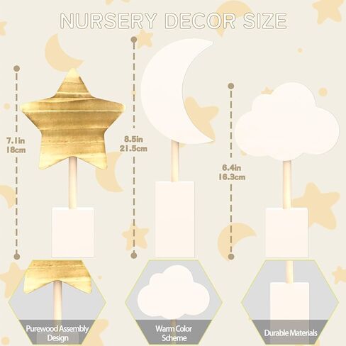 3Pcs Wooden Nursery Decor,Nursery Shelf Decor Cloud Moon and Stars Space Decor Boho Nursery Baby Room Decor Bohemian Baby Decor for Girl Boy Kids in Kuwait
