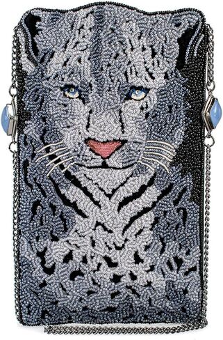 Mary Frances Snow Leopard Beaded Crossbody Cell Phone Bag Animal Pattern Evening Clutch Purse, Grey/Black in Saudi Arabia