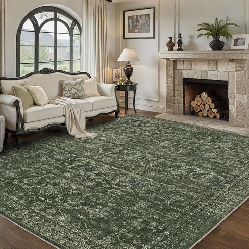 Washable Area Rug 8x10 Green Rugs for Living Room, Vintage Boho Large Rug for Bedroom Dining Room Office, Distressed Floral Print Carpet for Under Table, Soft Non Slip Low Pile Throw Carpet Indoor Mat in Saudi Arabia