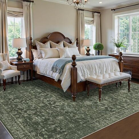 Washable Area Rug 8x10 Green Rugs for Living Room, Vintage Boho Large Rug for Bedroom Dining Room Office, Distressed Floral Print Carpet for Under Table, Soft Non Slip Low Pile Throw Carpet Indoor Mat in Saudi Arabia