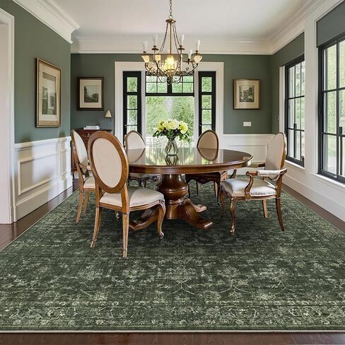 Washable Area Rug 8x10 Green Rugs for Living Room, Vintage Boho Large Rug for Bedroom Dining Room Office, Distressed Floral Print Carpet for Under Table, Soft Non Slip Low Pile Throw Carpet Indoor Mat in Saudi Arabia