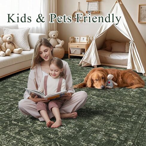 Washable Area Rug 8x10 Green Rugs for Living Room, Vintage Boho Large Rug for Bedroom Dining Room Office, Distressed Floral Print Carpet for Under Table, Soft Non Slip Low Pile Throw Carpet Indoor Mat in Saudi Arabia