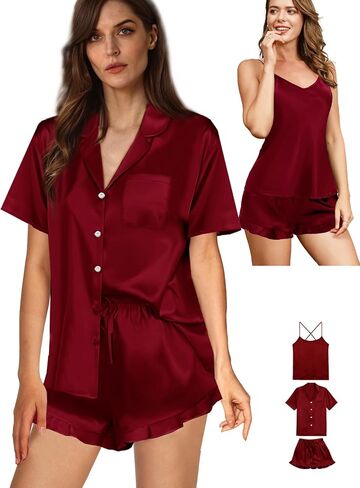 Womens 3Pcs Satin Pajamas Set Ruffle Silk Pajama Sets XS-4XL Sexy Camisole Silky Sleepwear Loungewear Pj Sets in Kuwait