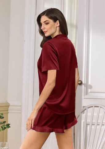 Womens 3Pcs Satin Pajamas Set Ruffle Silk Pajama Sets XS-4XL Sexy Camisole Silky Sleepwear Loungewear Pj Sets in Kuwait
