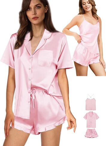 Womens 3Pcs Satin Pajamas Set Ruffle Silk Pajama Sets XS-4XL Sexy Camisole Silky Sleepwear Loungewear Pj Sets in Kuwait
