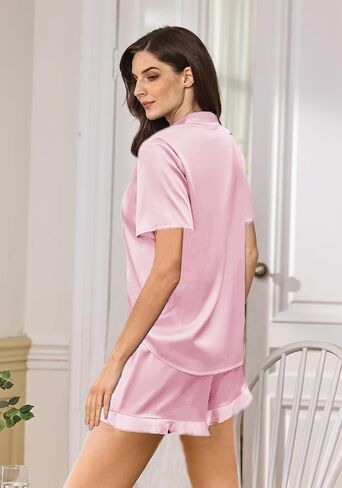 Womens 3Pcs Satin Pajamas Set Ruffle Silk Pajama Sets XS-4XL Sexy Camisole Silky Sleepwear Loungewear Pj Sets in Kuwait