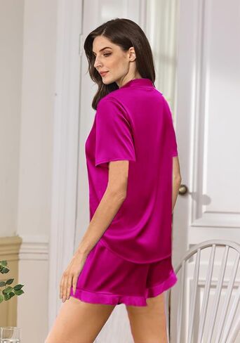 Womens 3Pcs Satin Pajamas Set Ruffle Silk Pajama Sets XS-4XL Sexy Camisole Silky Sleepwear Loungewear Pj Sets in Kuwait