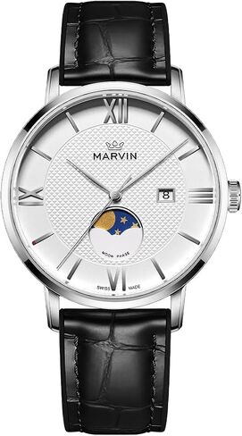 Marvin Luxury Watches for Men Swiss Mens يشاهدون ساعات معصم الرجال غير الرسميين مع حزام من السيليكون وحزام جلدي ، وحالة من الفولاذ المقاوم للصدأ ، وحركة الكوارتز ، و 50 متر مقاوم للماء in Kuwait