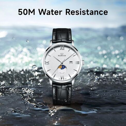 Marvin Luxury Watches for Men Swiss Mens يشاهدون ساعات معصم الرجال غير الرسميين مع حزام من السيليكون وحزام جلدي ، وحالة من الفولاذ المقاوم للصدأ ، وحركة الكوارتز ، و 50 متر مقاوم للماء in Kuwait