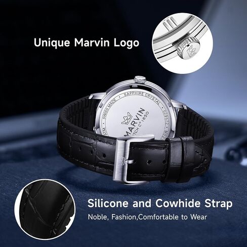 Marvin Luxury Watches for Men Swiss Mens يشاهدون ساعات معصم الرجال غير الرسميين مع حزام من السيليكون وحزام جلدي ، وحالة من الفولاذ المقاوم للصدأ ، وحركة الكوارتز ، و 50 متر مقاوم للماء in Kuwait