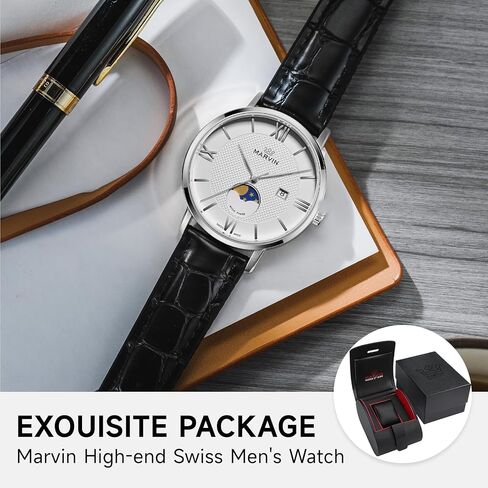 Marvin Luxury Watches for Men Swiss Mens يشاهدون ساعات معصم الرجال غير الرسميين مع حزام من السيليكون وحزام جلدي ، وحالة من الفولاذ المقاوم للصدأ ، وحركة الكوارتز ، و 50 متر مقاوم للماء in Kuwait