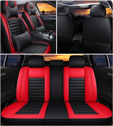 Leather Car Seat Covers for Kia Seltos 2025,Car Seat Covers Full Set,Seat Covers with Safety,Waterproof Seat Cover Compatible Airbag(5pcs Black&Red Luxury) in Saudi Arabia