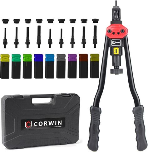 CORWIN Stroke Set Rivet Nut Gun 1003 16 بوصة، مع مغزل مواصفات متري وSAE 15، و200 قطعة من صواميل البرشام مخزنة في حقيبة حمل بلاستيكية مصبوبة بالنفخ in Kuwait