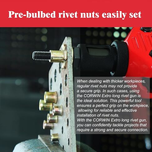CORWIN Stroke Set Rivet Nut Gun 1003 16 بوصة، مع مغزل مواصفات متري وSAE 15، و200 قطعة من صواميل البرشام مخزنة في حقيبة حمل بلاستيكية مصبوبة بالنفخ in Kuwait