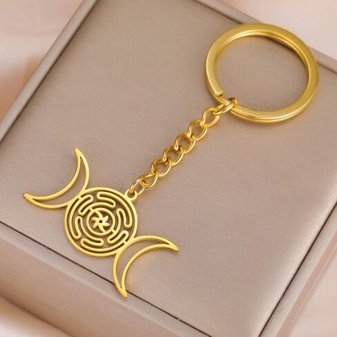 Teamer Triple Moon Goddess Keychain Stainless Steel Amulet Wicca Hekate Wheel -keychain pagan المجوهرات للنساء الرجال in Kuwait