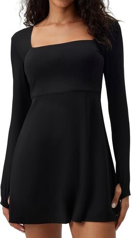 Square Neck Long Sleeves Tennis Dress One Piece Exercise Dress with Built-in Bra in Saudi Arabia