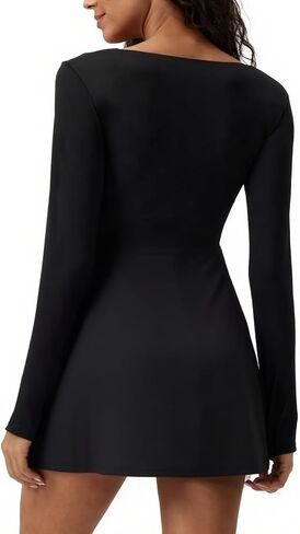 Square Neck Long Sleeves Tennis Dress One Piece Exercise Dress with Built-in Bra in Saudi Arabia